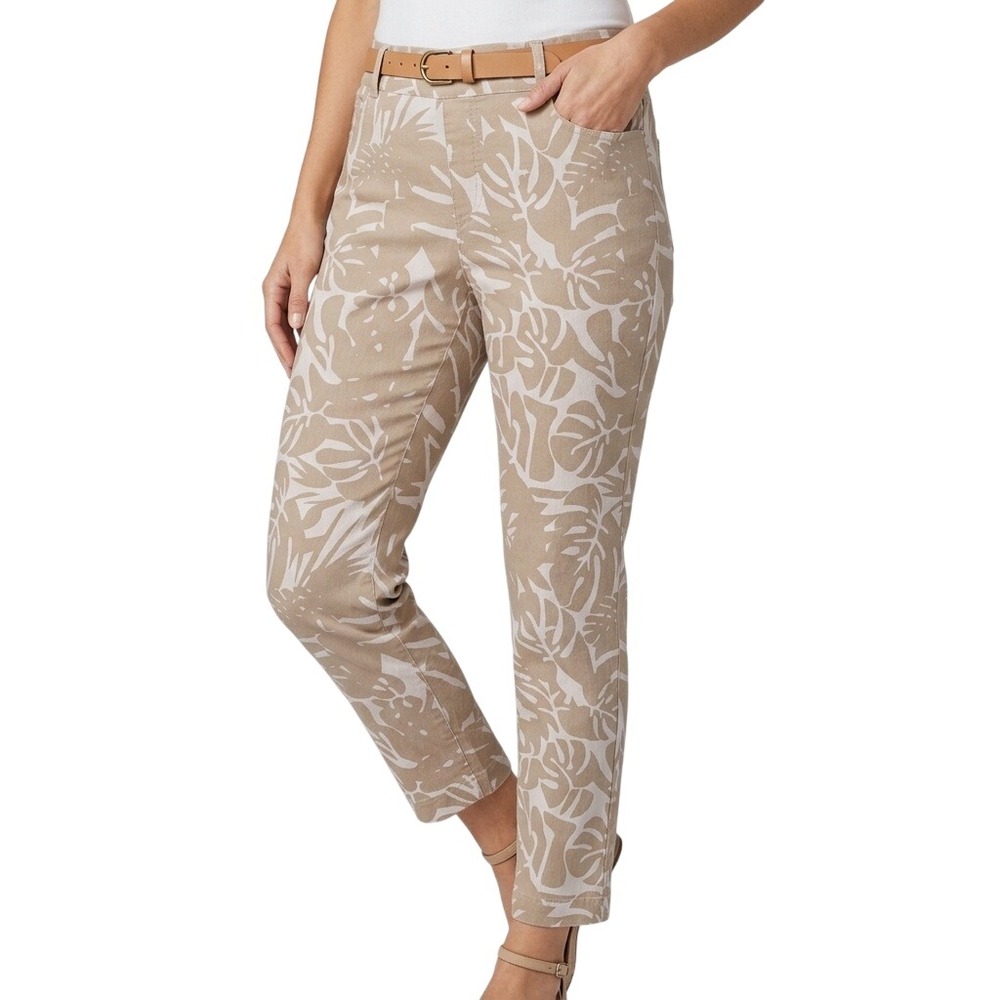 Soft Surroundings Women's XL Tan Tropical Monstera Print Cropped Pull On Pants